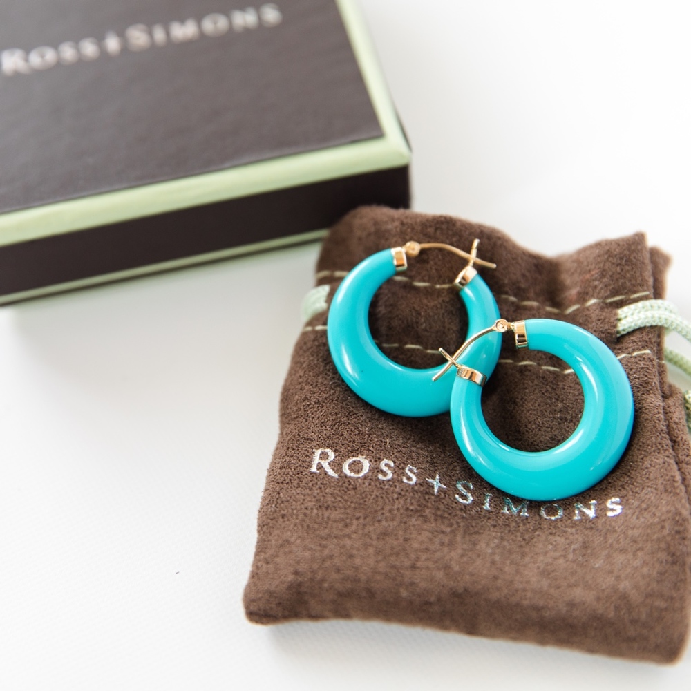 NEW Ross Simons Turquoise Hoop Earrings 14kt Gold